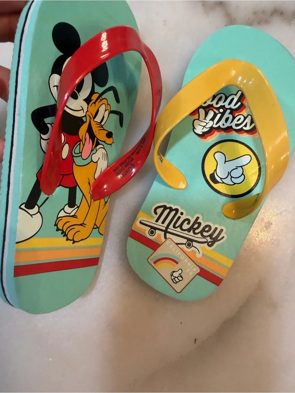 Disney Kids Mickey & Pluto Aqua Flip Flops with Red and Yellow Straps